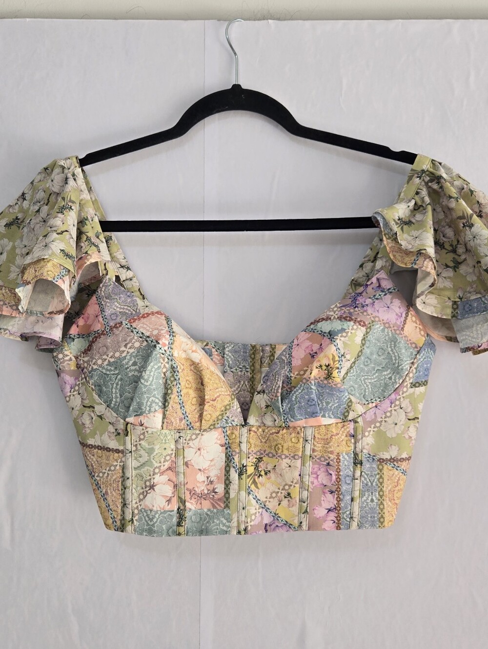 AQUA BLU Sz S Patchwork Bustier Silk Blend Top, Zip Up Back & Flutter Sleeves